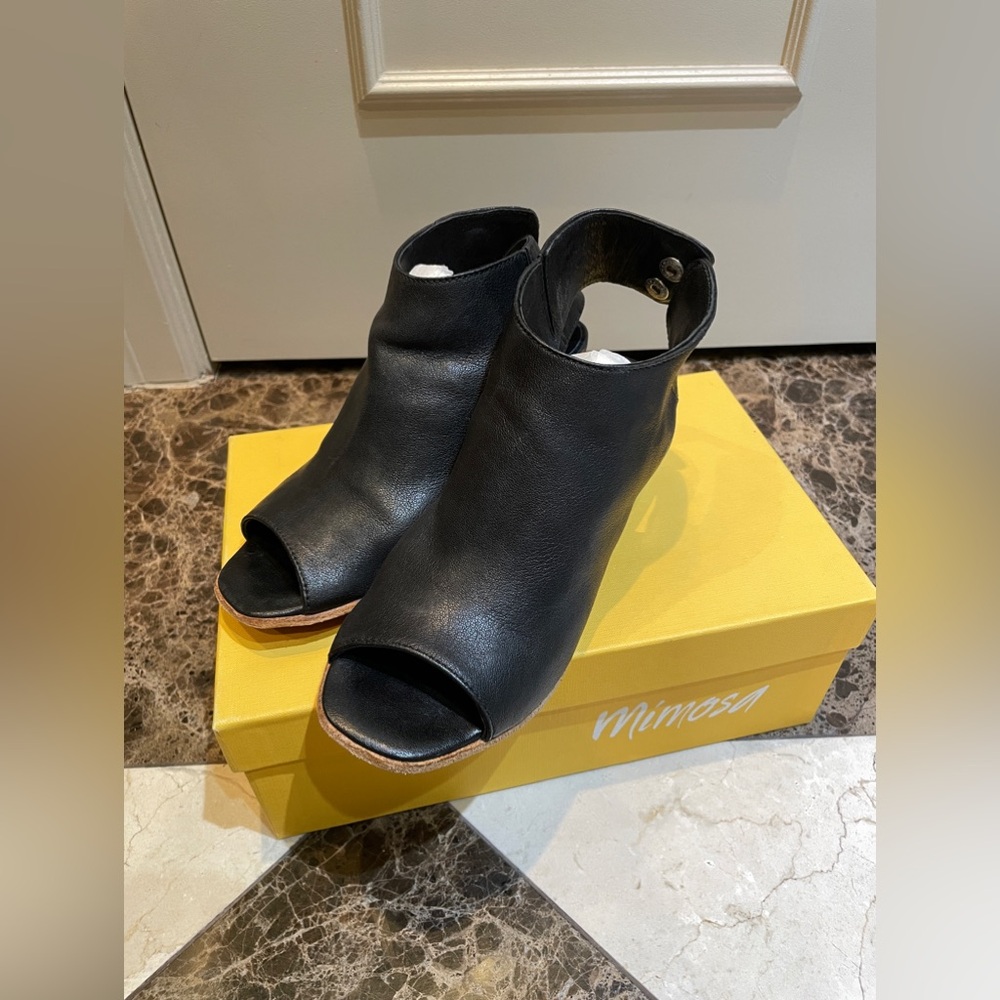 Mimosa Black Leather Open Toe Booties - Size 36